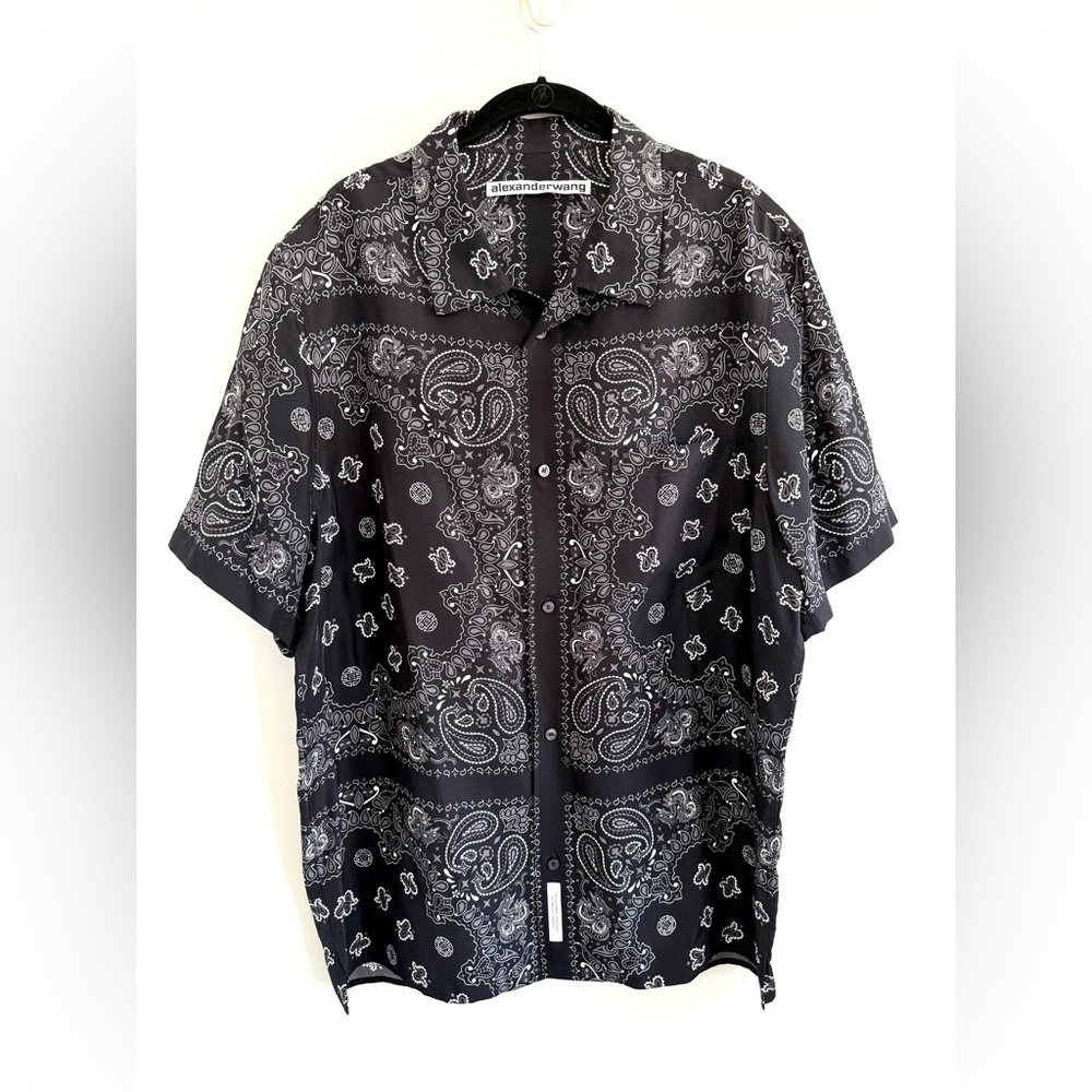 ALEXANDER WANG Bandana Silk Jacquard Shirt Black & Grey Paisley Silk Button-Up